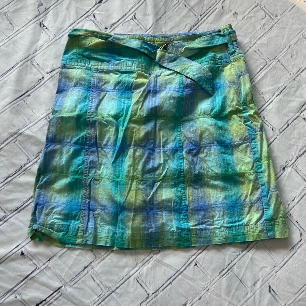White Stag Turquoise Cool-Tone Plaid A-Line Wrap Mini Skirt Women’s Size 6 Y2K